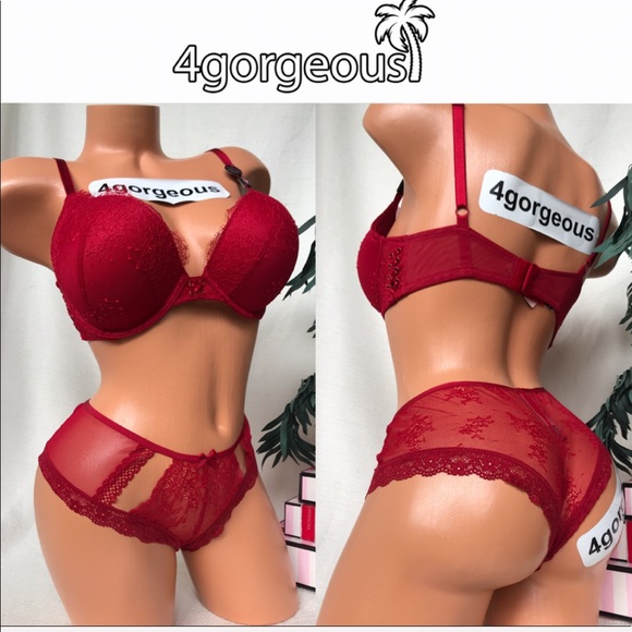 Victoria’s Secret 36c BOMBSHELL BRA RED SET RED CHANTILLY LACE UP